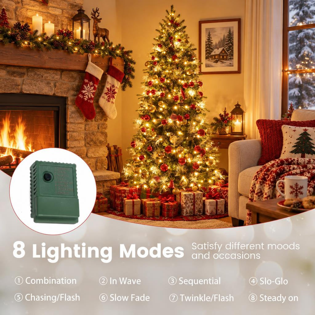 Airfind 7 Feet Pre-Lit Artificial Christmas Tree with 8 Modes LED Lights with Berries, PVC PE PET Metal 5 Feet Frame, 3 x 5 ft Footprint, Green