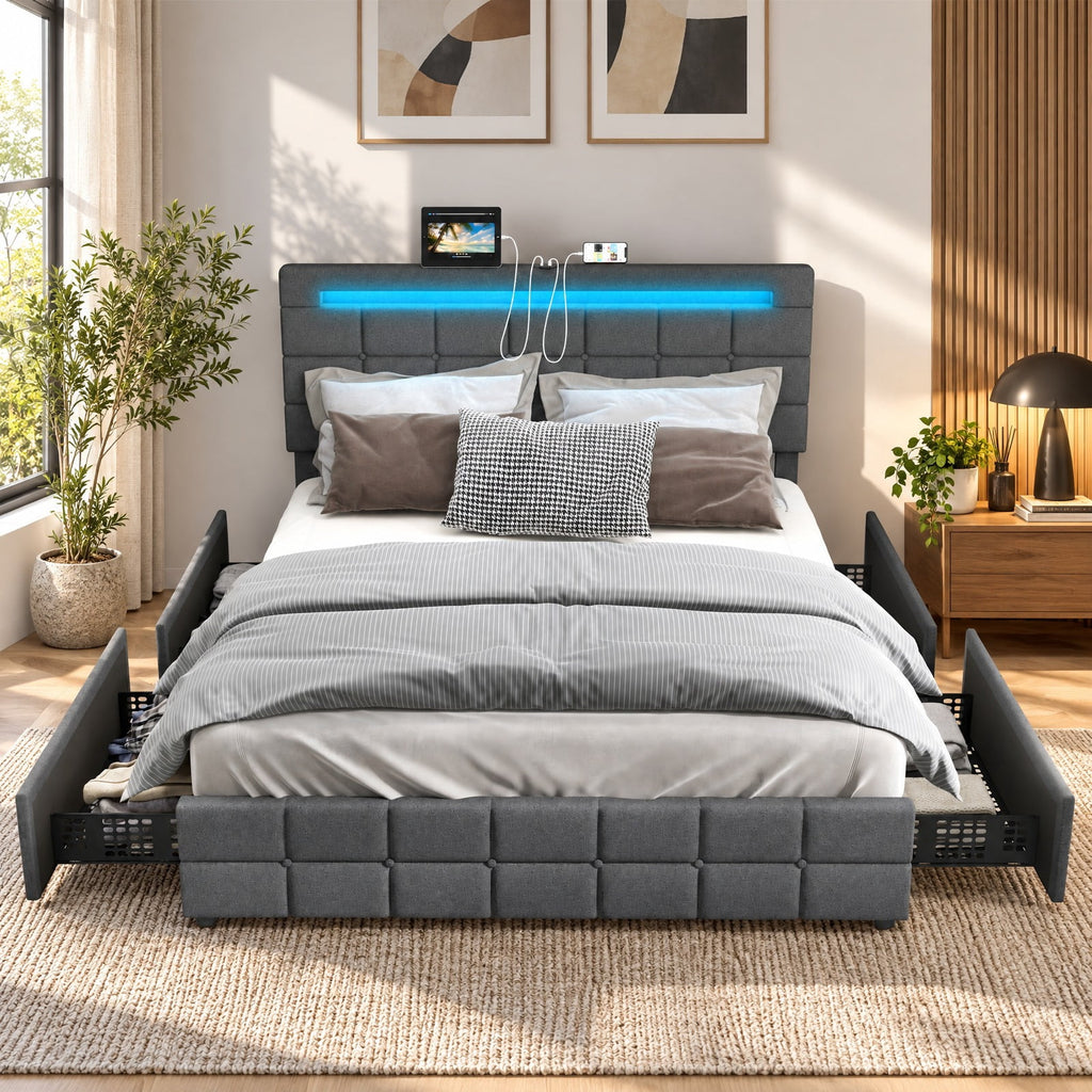 Airfind Upholstered LED Bed Frame with Headboard and 4 Drawers, 880 lbs Capacity, 78 x 43.5 x 40.5-42.5(L x W x H) Drawer Footprint, Gray