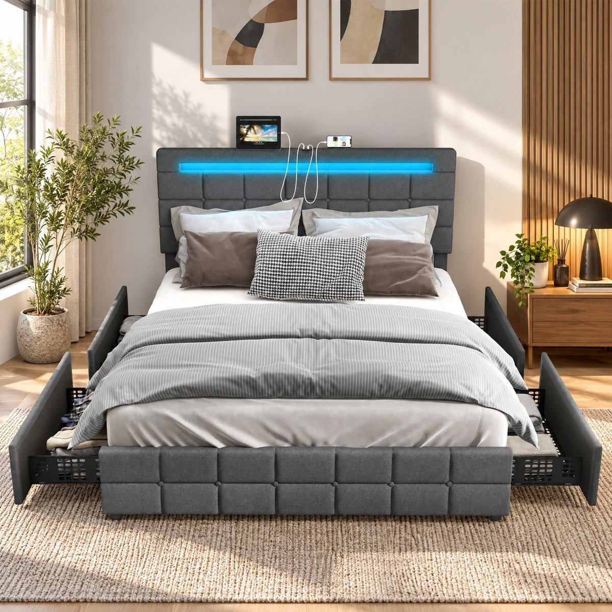 Airfind Upholstered LED Bed Frame with Headboard and 4 Drawers, 880 lbs Capacity, 78 x 43.5 x 40.5-42.5(L x W x H) Drawer Footprint, Gray