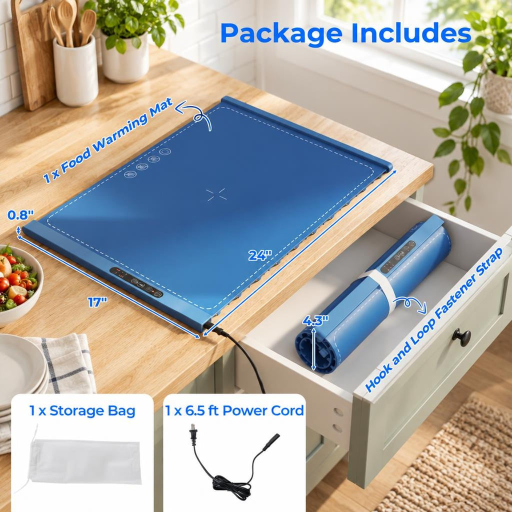 Airfind Food Warming Mat Rollable and Portable Electric Warming Tray with Fasting Heating, Silicone ABS Unfolding Frame, Blue