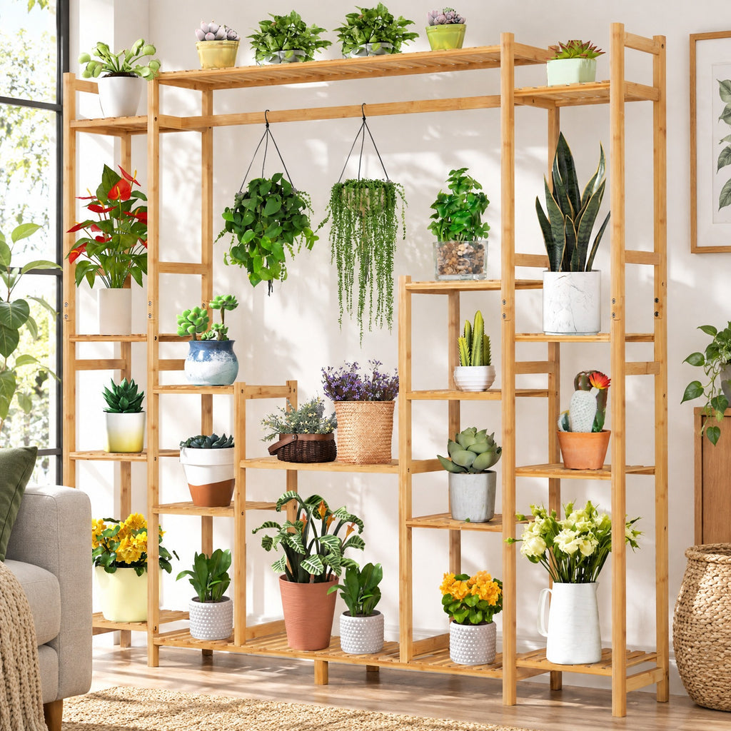 Airfind 9, Bamboo Frame, 66 X 12 X 65.5 (L x W x H) Load capacity of each shelf: 22 lbs Load capacity of hanging rack: 11-22 lbs Footprint