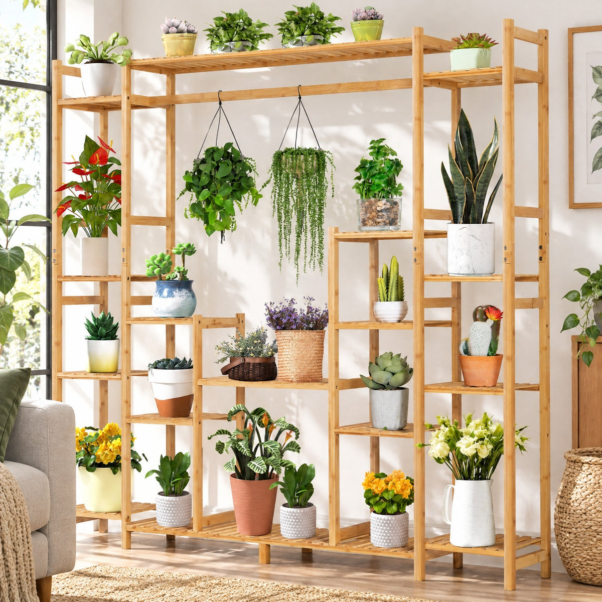 Airfind 9, Bamboo Frame, 66 X 12 X 65.5 (L x W x H) Load capacity of each shelf: 22 lbs Load capacity of hanging rack: 11-22 lbs Footprint