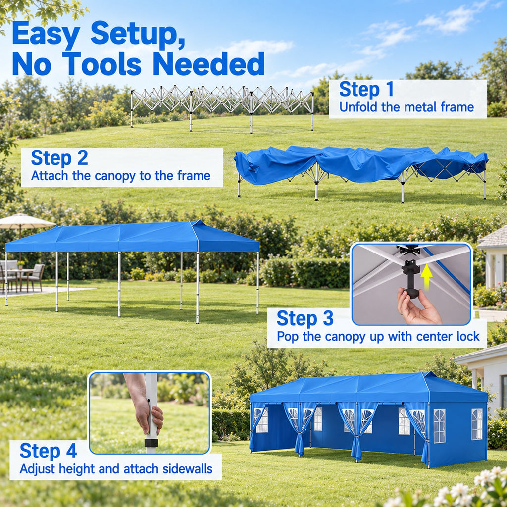 Airfind 10 x 30 FT Pop Up Canopy Tent with 8 Sidewalls and Adjustable Height, PE Metal Fabric Frame, 30 x 10 x 8.5/8.2/7.9 ft Footprint, Blue