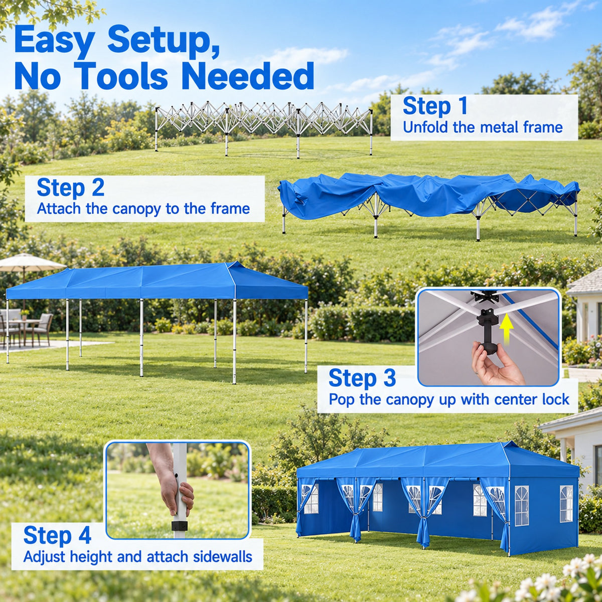 Airfind 10 x 30 FT Pop Up Canopy Tent with 8 Sidewalls and Adjustable Height, PE Metal Fabric Frame, 30 x 10 x 8.5/8.2/7.9 ft Footprint, Blue