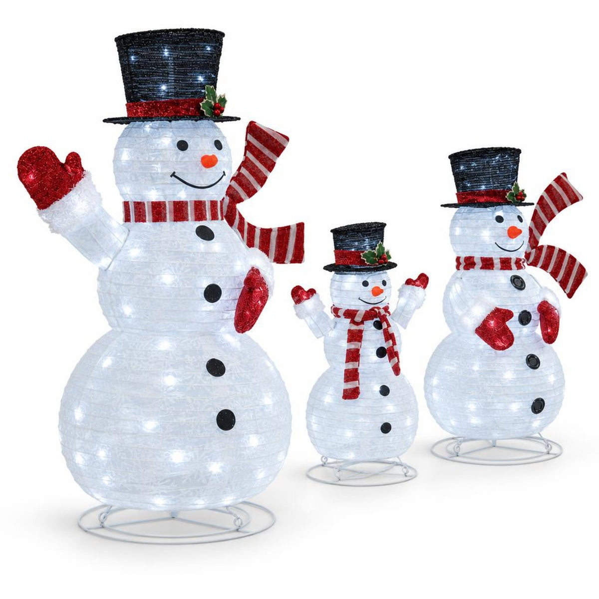 AIRFIND Pre Lit Snowman Decorations Set of 3, 3D Outdoor Christmas Display with Metal Frames and 270 LED Lights, Multi Color