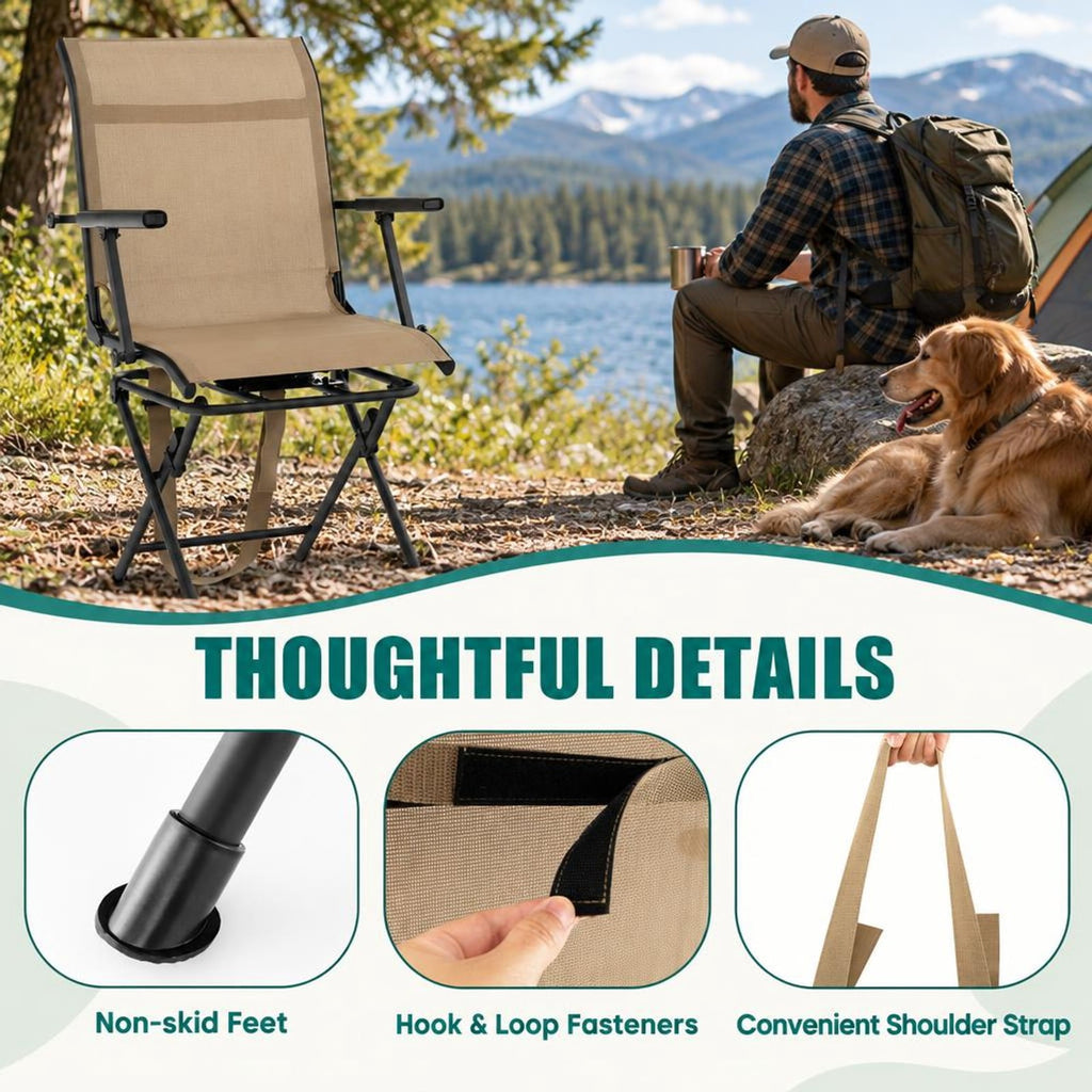 Airfind Foldable Swivel Hunting Chair with Mesh Back, Armrests and Wide Feet, 330 lbs Capacity for Ground Blind and Outdoor Use, Coffee