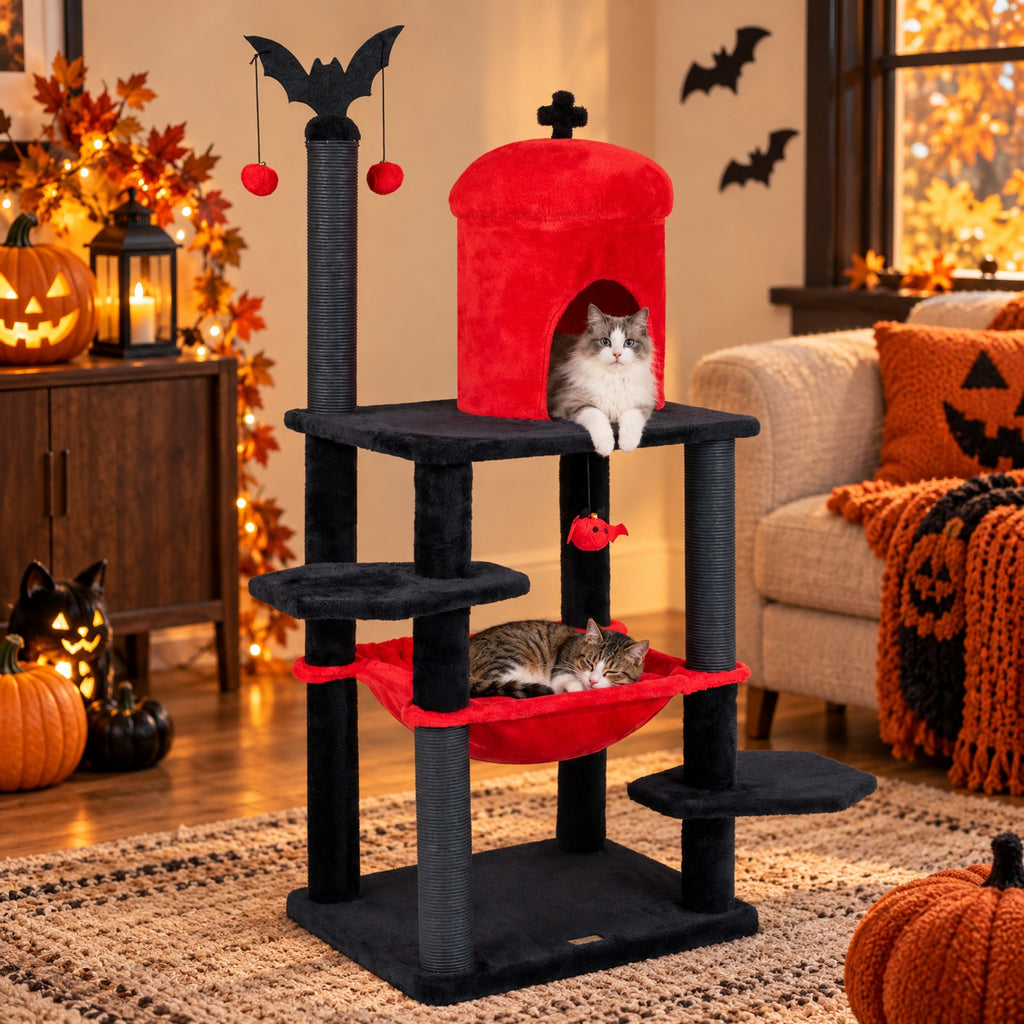 Airfind 51in Gothic Multi-level Cat Tree with Spider Hanging Toy for Black Halloween, 22 lbs Capacity, Red