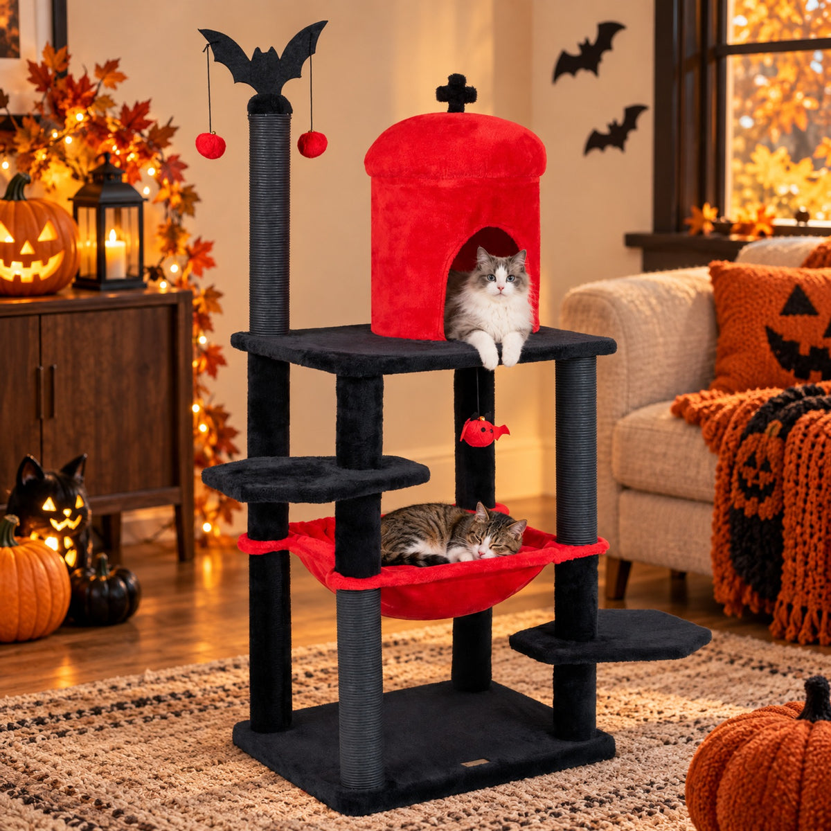 Airfind 51in Gothic Multi-level Cat Tree with Spider Hanging Toy for Black Halloween, 22 lbs Capacity, Red