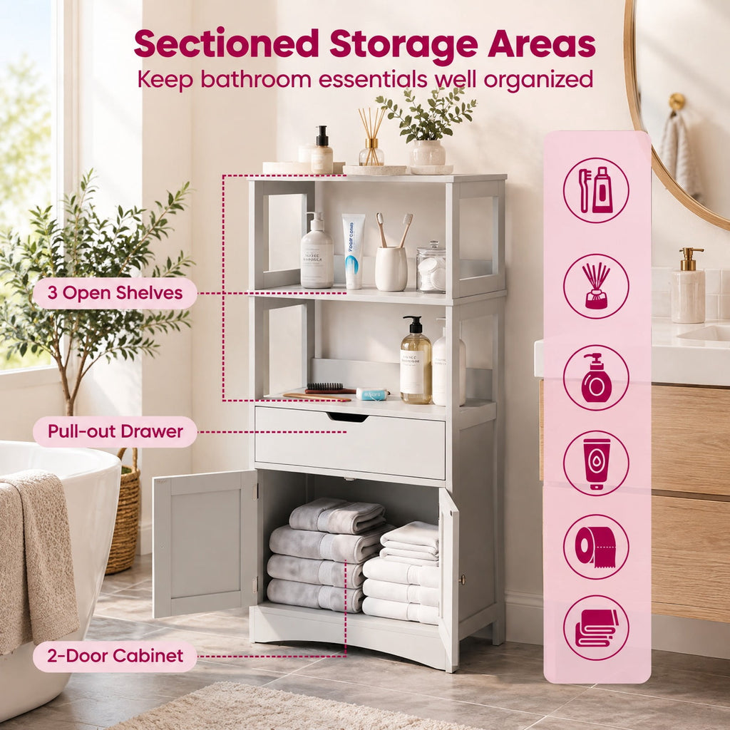 Airfind Bathroom Storage Cabinet with Open Shelves and Drawer, 110 lbs Capacity, Engineered Wood Frame, 24in x 13in x 48in Footprint, Grey