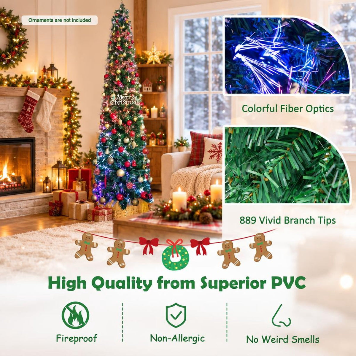 Airfind 5/6/7/8 FT Pre-Lit Christmas Pencil Tree with Colorful Fiber Optics Green-8 ft, PVC Metal Fiber Optics Frame, Green