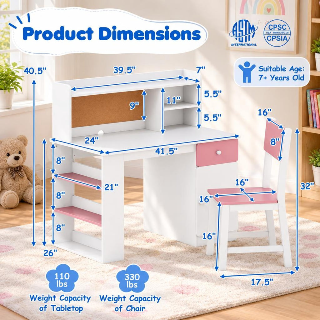 Airfind Desk and Chair Set, Youth, with Hutch and 3-Layer Side Shelf, MDF, 41.5 x 24, Model HY10342PI with Functional Design, Natural