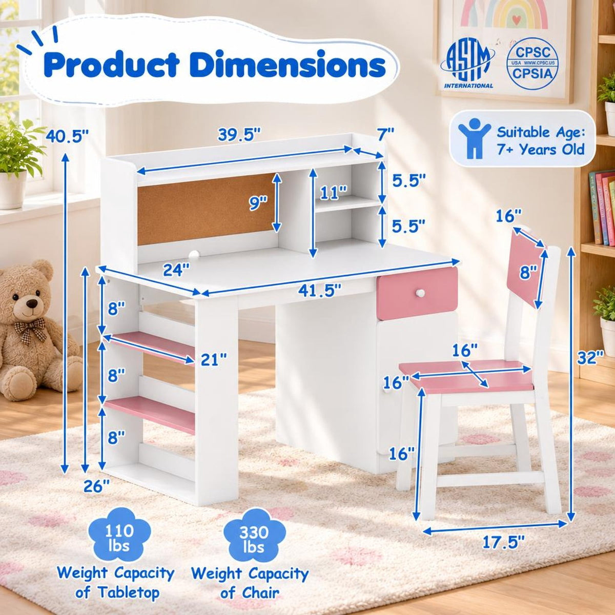 Airfind Desk and Chair Set, Youth, with Hutch and 3-Layer Side Shelf, MDF, 41.5 x 24, Model HY10342PI with Functional Design, Natural
