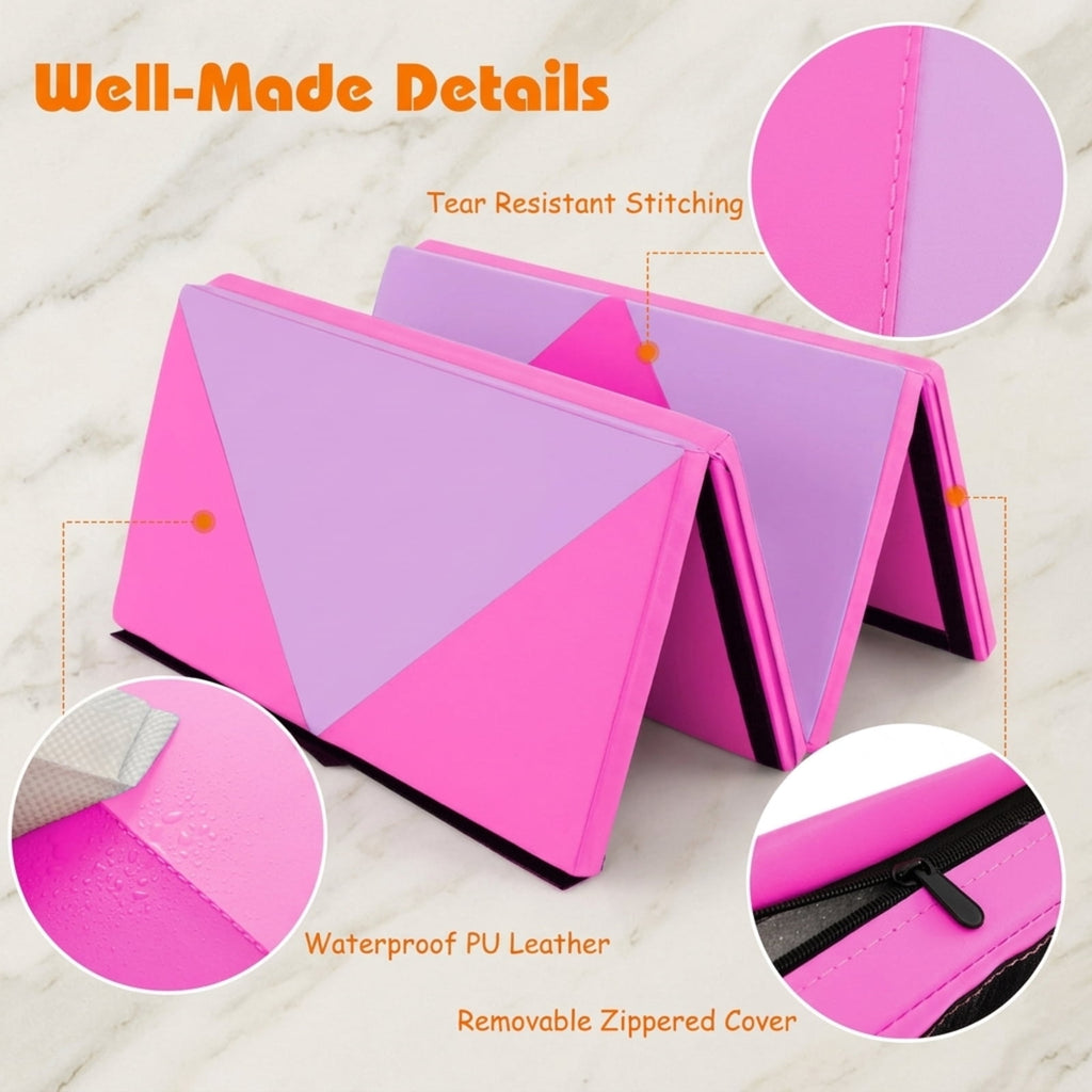 Airfind 8 Feet PU Leather Folding Gymnastics Mat with Hook and Loop Fasteners and Carry Handles for Kids Tumbling and Cheerleading, Pink