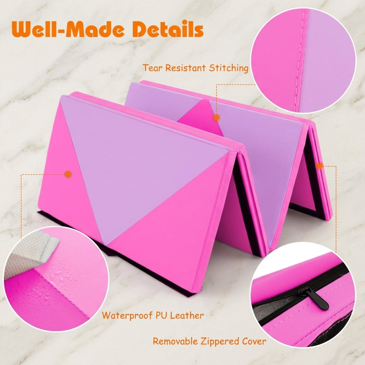 Airfind 8 Feet PU Leather Folding Gymnastics Mat with Hook and Loop Fasteners and Carry Handles for Kids Tumbling and Cheerleading, Pink