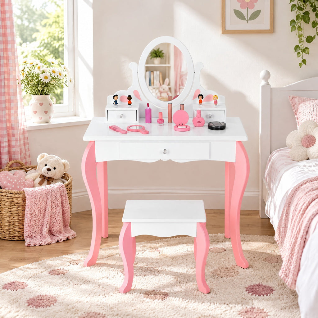 Airfind Kids Vanity Princess Makeup Dressing Table Stool Set with Mirror and Drawer, 44 lbs Capacity, MDF Frame, White
