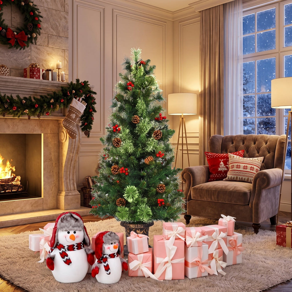 Airfind LED Christmas Tree with Red Berries Pine Cones-3, PVC Metal Cement Tree Height 3 ft 4 ft 5 ft Tree Width 15 22 26 Frame, Red