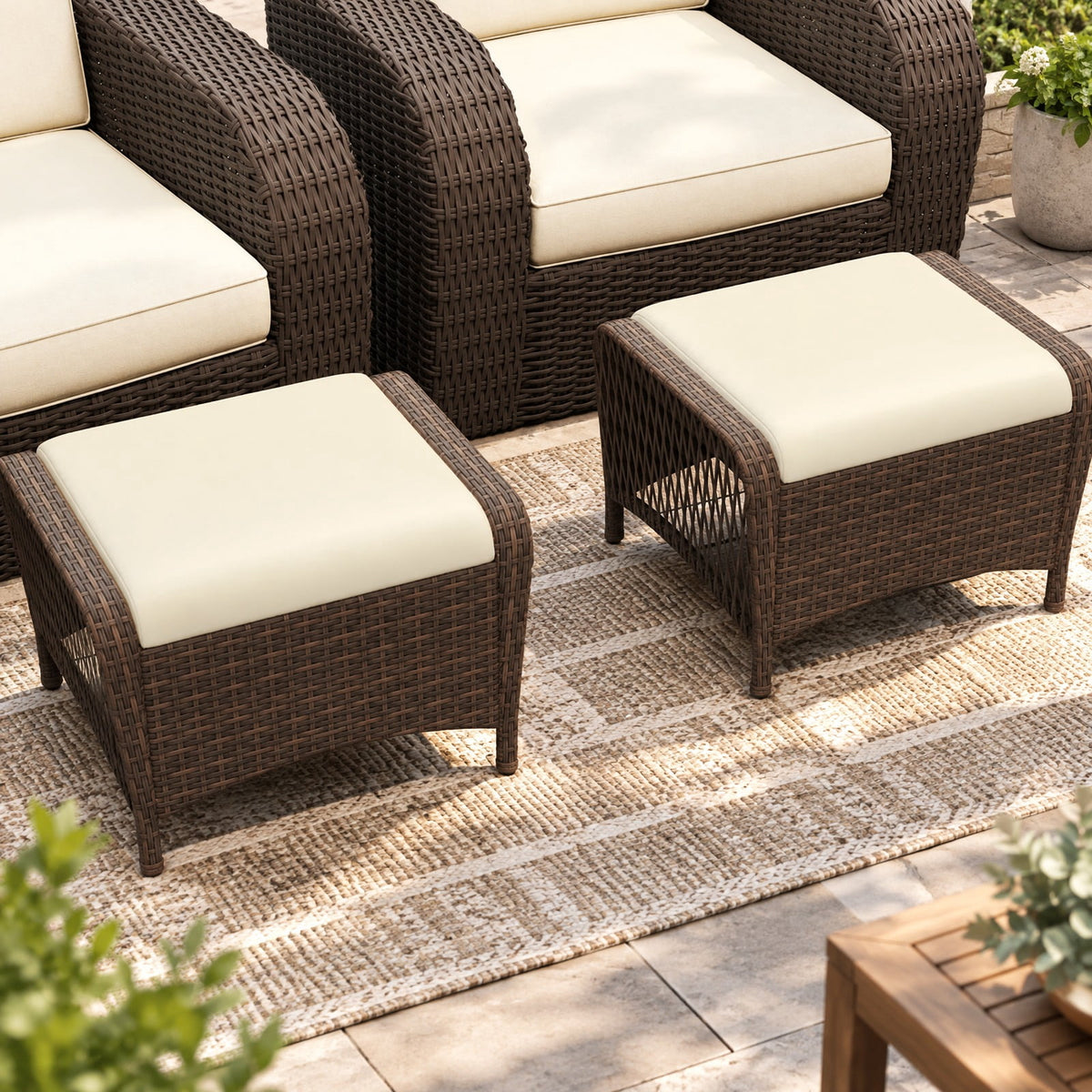 Airfind Set of 2 Outdoor Patio PE Wicker Ottomans with Removable Cushions, Ottoman 400 lbs Capacity, PE Rattan Metal Polyester Sponge Frame, Beige