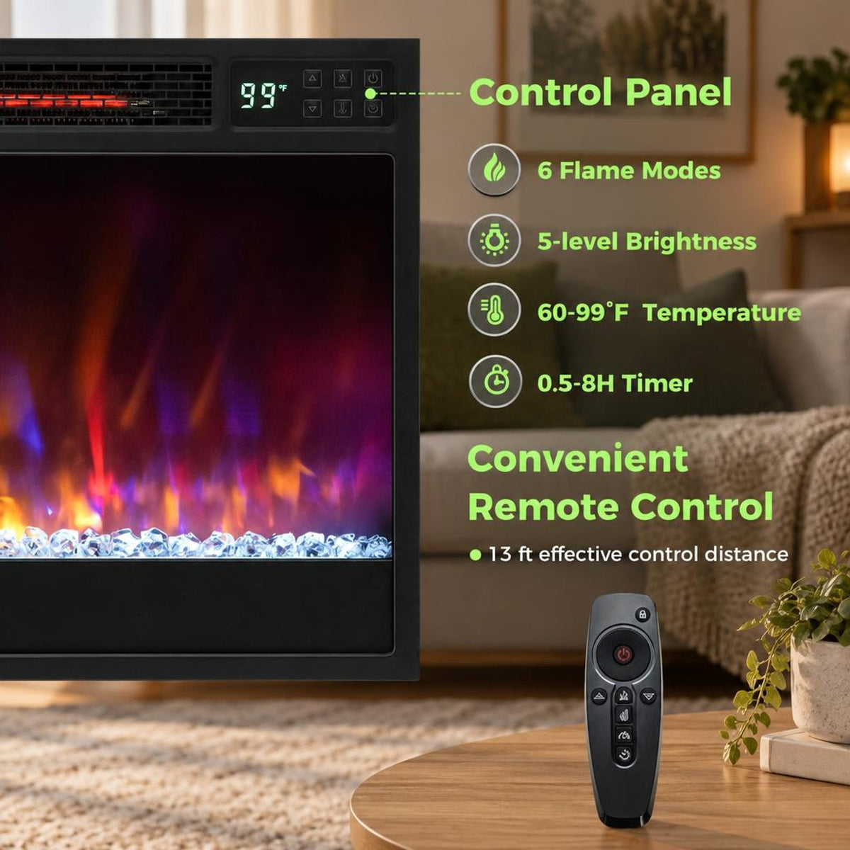 Airfind 23 Inch 1500W Recessed Electric Fireplace Insert with Remote Control, Metal Tempered Glass PS Frame, Black