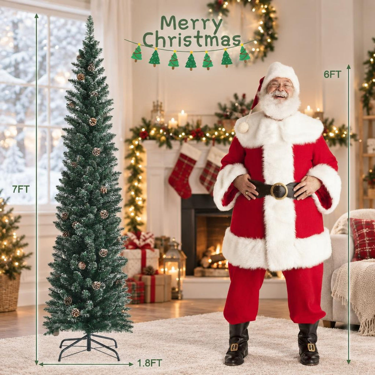 Airfind 7 Ft Pencil Christmas Tree featuring Snowy PVC Branches, 351 Tips, 41 Pine Cones and Foldable Metal Stand for Holiday Decor, Green