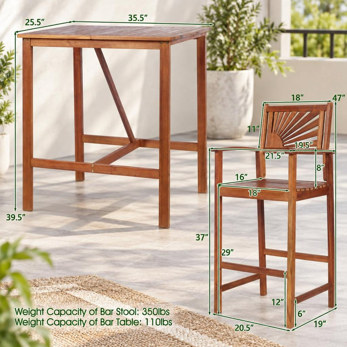 Airfind 3 Pieces Acacia Wood Patio Bar Set with Sunflower Patterned Backrest, Acacia Wood Frame, 21.5 x 19.5 x 47 Footprint, Wood