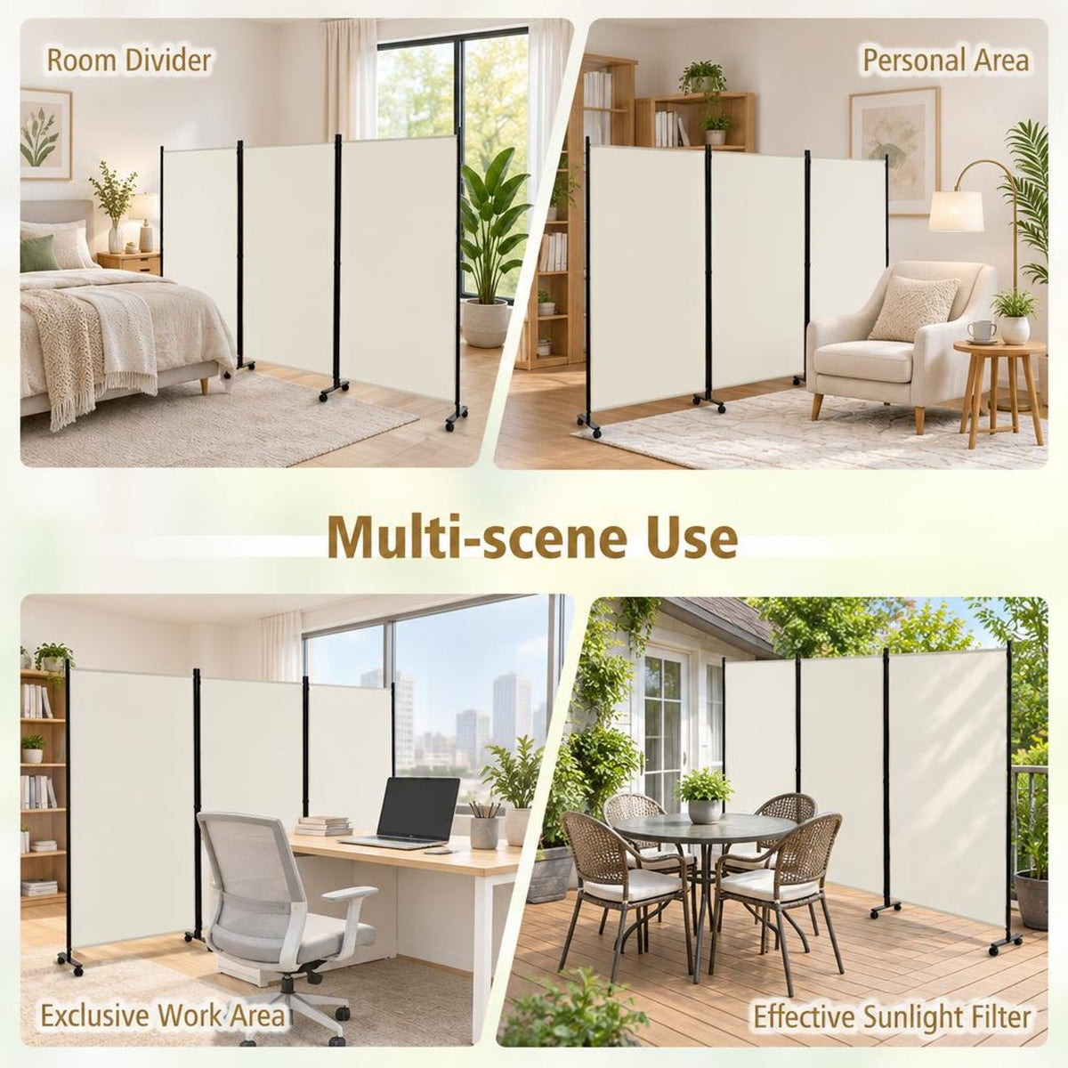 Airfind 3 Panel Folding Room Divider with Lockable Wheels, Metal Polyester Fabric Tiled Frame, 103 x 12 x 71 Footprint, White