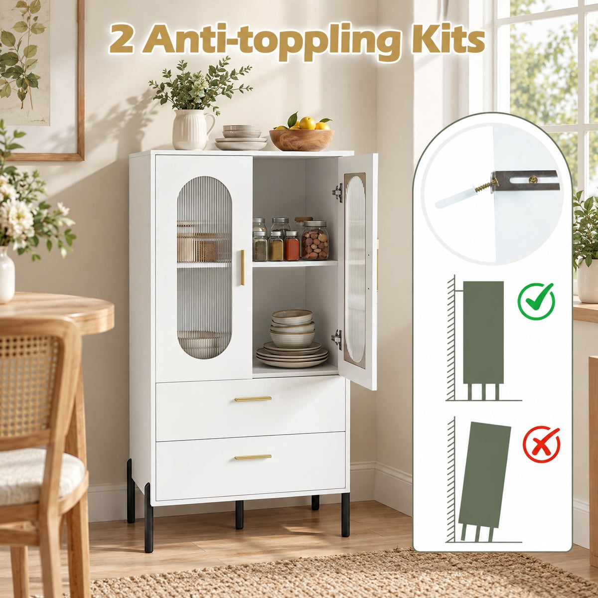 Airfind Modern Sideboard Buffet Cabinet with Fluted Doors, 23.5 x 16 x 47Inner Footprint, White, Dimensions 23.5 x 16 x 47Inner