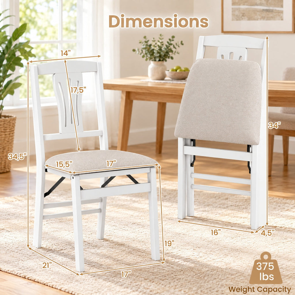 Airfind Folding Kitchen Chairs Set of 2 Upholstered Dining Chairs with Comfy Padded Seats, 375 lbs Capacity, 21 x 17 x 34.5 Footprint, White