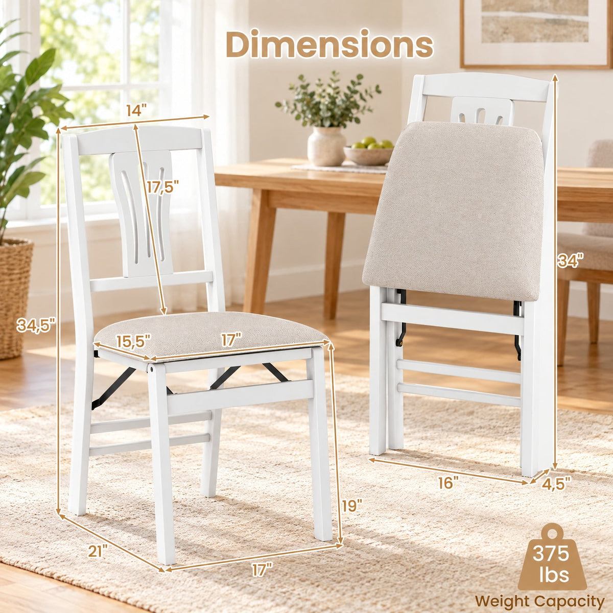 Airfind Folding Kitchen Chairs Set of 2 Upholstered Dining Chairs with Comfy Padded Seats, 375 lbs Capacity, 21 x 17 x 34.5 Footprint, White