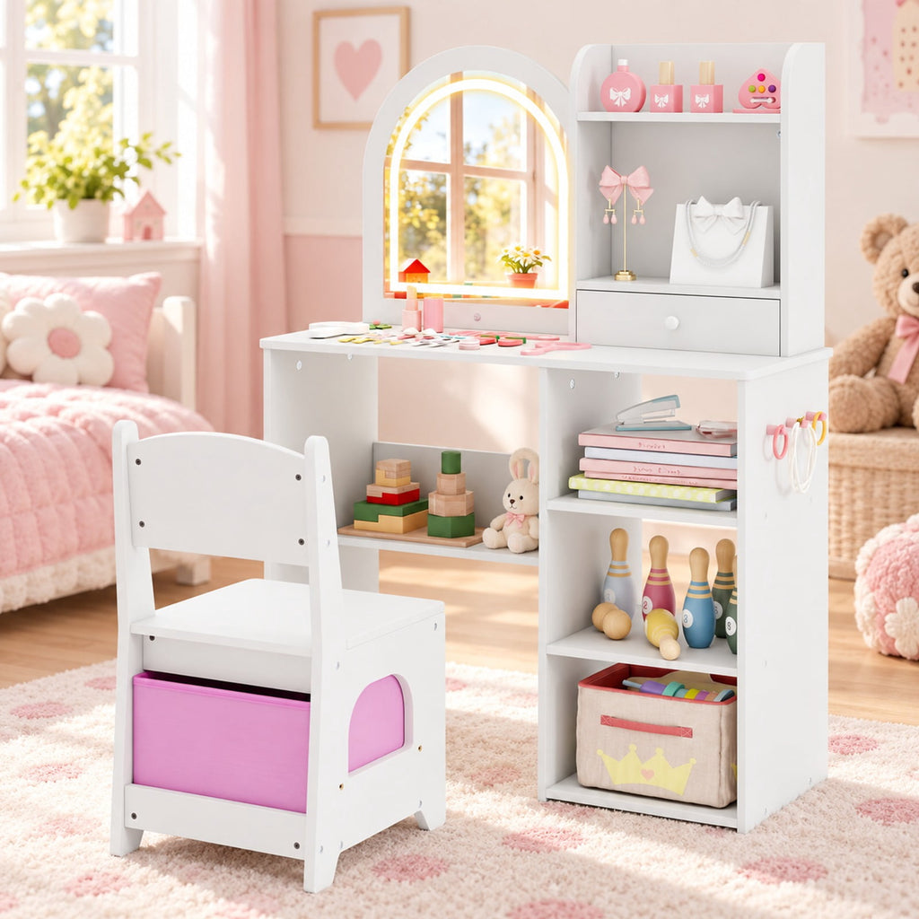 Airfind Kids Vanity Set Princess Girls Makeup Vanity Desk with Chair and 3-Color LED Lighted Mirror, 45 lbs Capacity, MDF Frame, White