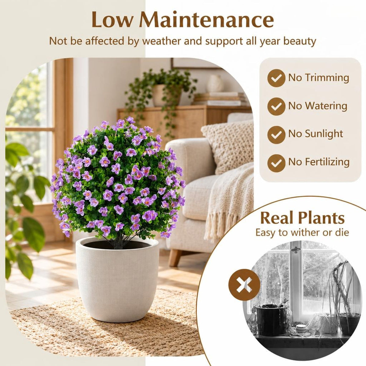 Airfind 2 Pack Artificial Eucalyptus Topiary Trees with Flowers and Cement Planter for Home, PE PP Cement Foam Frame, Purple