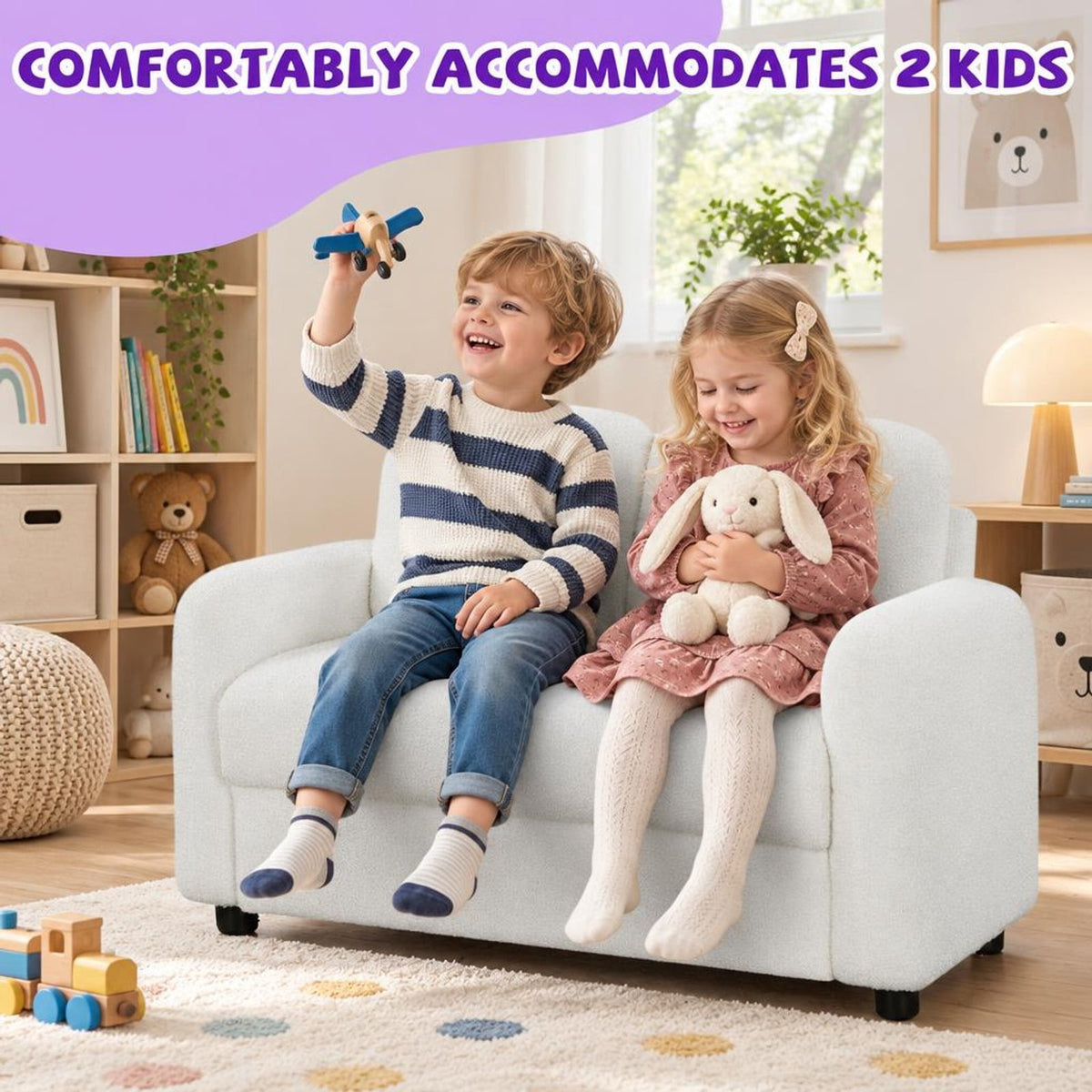 Airfind 2-Seat Kids Sofa Toddler Sofa Couch with Soft Teddy Fleece Upholstery and Solid Wooden Frame, 330 lbs Capacity, for 3+ Years Old, White
