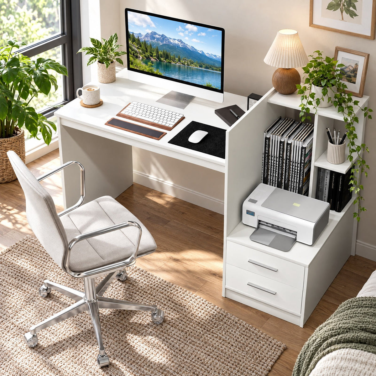 Airfind Computer Desk Home Office with Bookshelf and Drawers, 110 lbs Capacity, MDF Frame, 51 x 24 x 35.5 Footprint, White