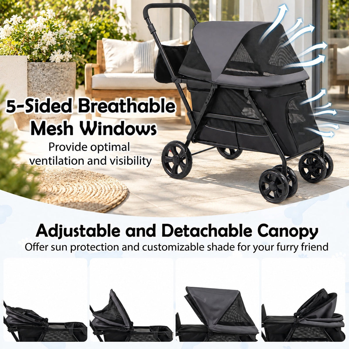 Airfind Dog Stroller for Medium Small Senior Elderly Dogs with Dual Entry, 66 lbs Capacity, 600D Oxford Fabric Mesh Metal Frame, Black