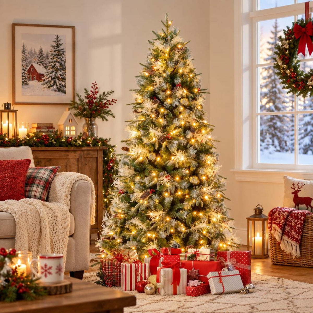 Airfind 7 Feet Pre-Lit Artificial Christmas Tree with 8 Modes LED Lights with Berries, PVC PE PET Metal 5 Feet Frame, 3 x 5 ft Footprint, Green