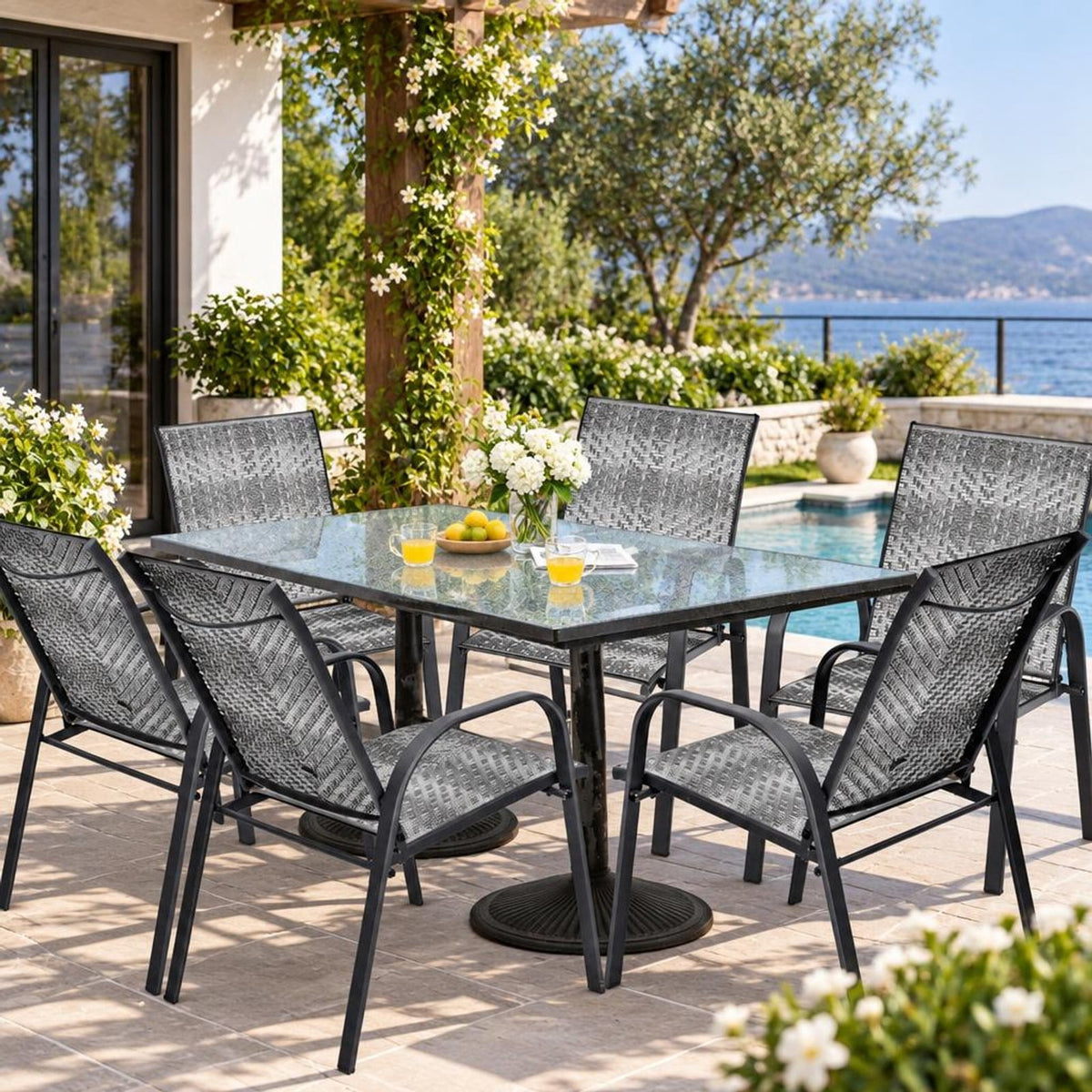 Airfind Set of 6 Outdoor PE Wicker Stackable Chairs with Sturdy Steel Frame, PE rattan steel Frame, Gray