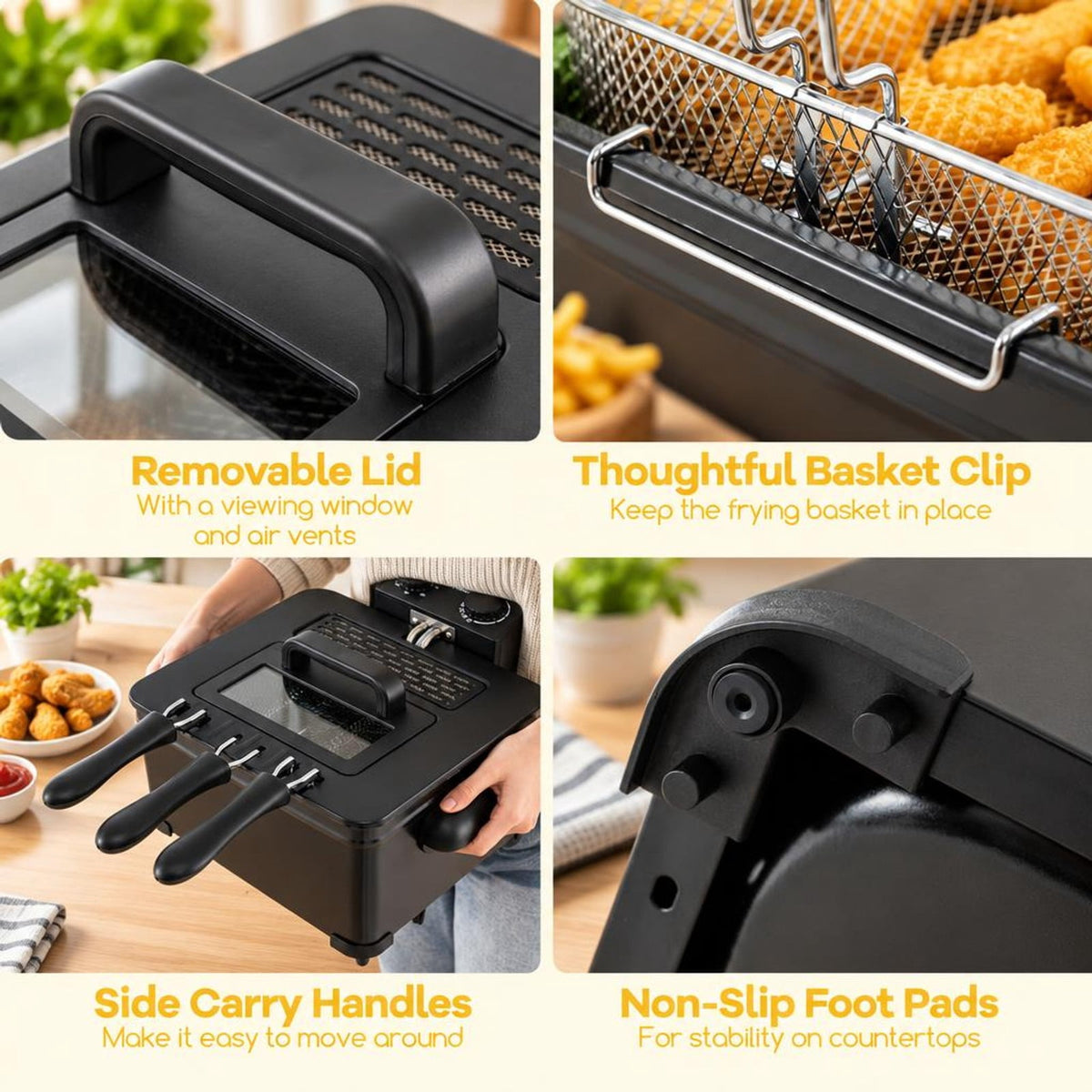 Airfind Electric Deep Fryer 5.3QT/21-Cup Stainless Steel 1700W featuring Triple Basket, Stainless Steel Iron Frame, 12 Inch x 11 Inch x 8.5 Inch Footprint, Black