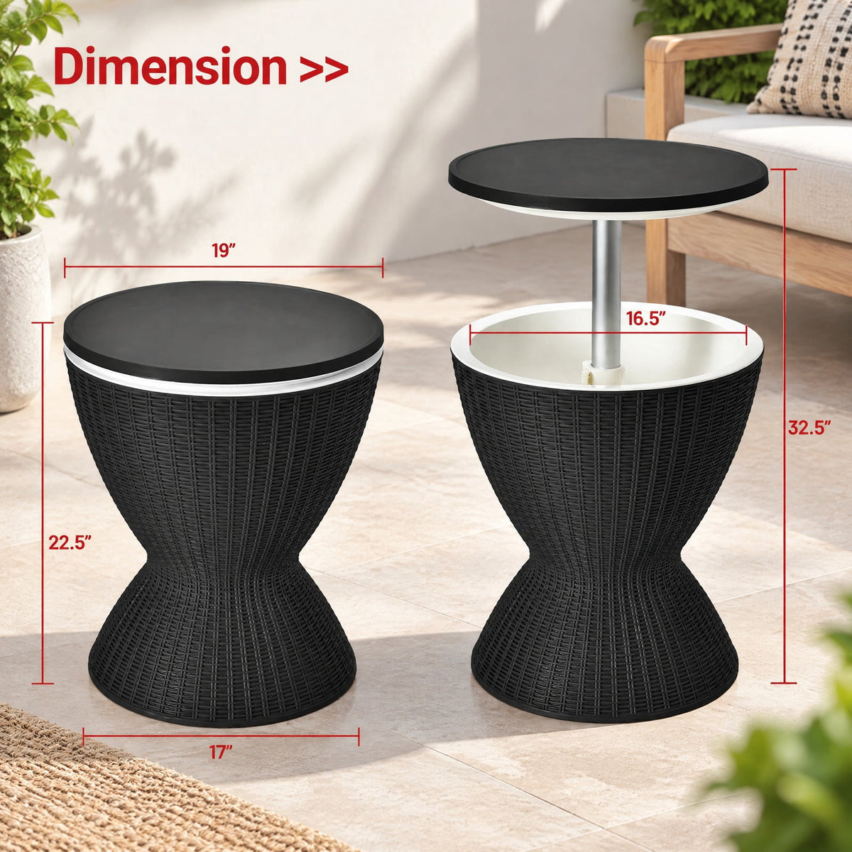 Airfind 3 in 1 8 Gallon Patio Rattan Cooler Bar Table with Adjust Ice Bucket, 165 lbs Capacity, PP Frame, Φ19 x 22.5 Footprint, Black