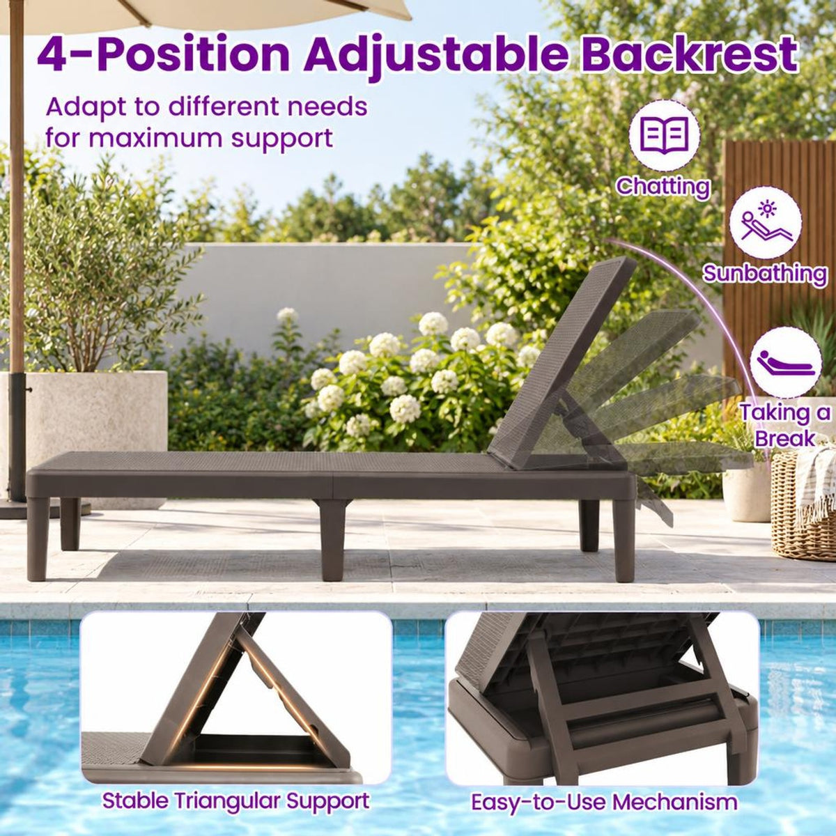 Airfind Outdoor Chaise Lounger Chair with Waterproof Rattan Textured PP Surface and 330 lbs Capacity, 330 lbs Capacity, PP Frame, Brown