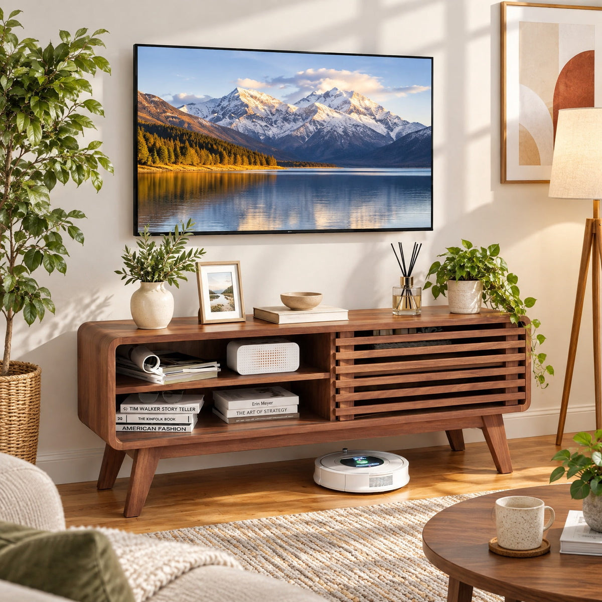 Airfind TV Stand for TVs up to 55 Inch with Sliding Door and Adjustable Shelves for Living Room, 220 Lbs Capacity, Rubber Wood MDF, Brown