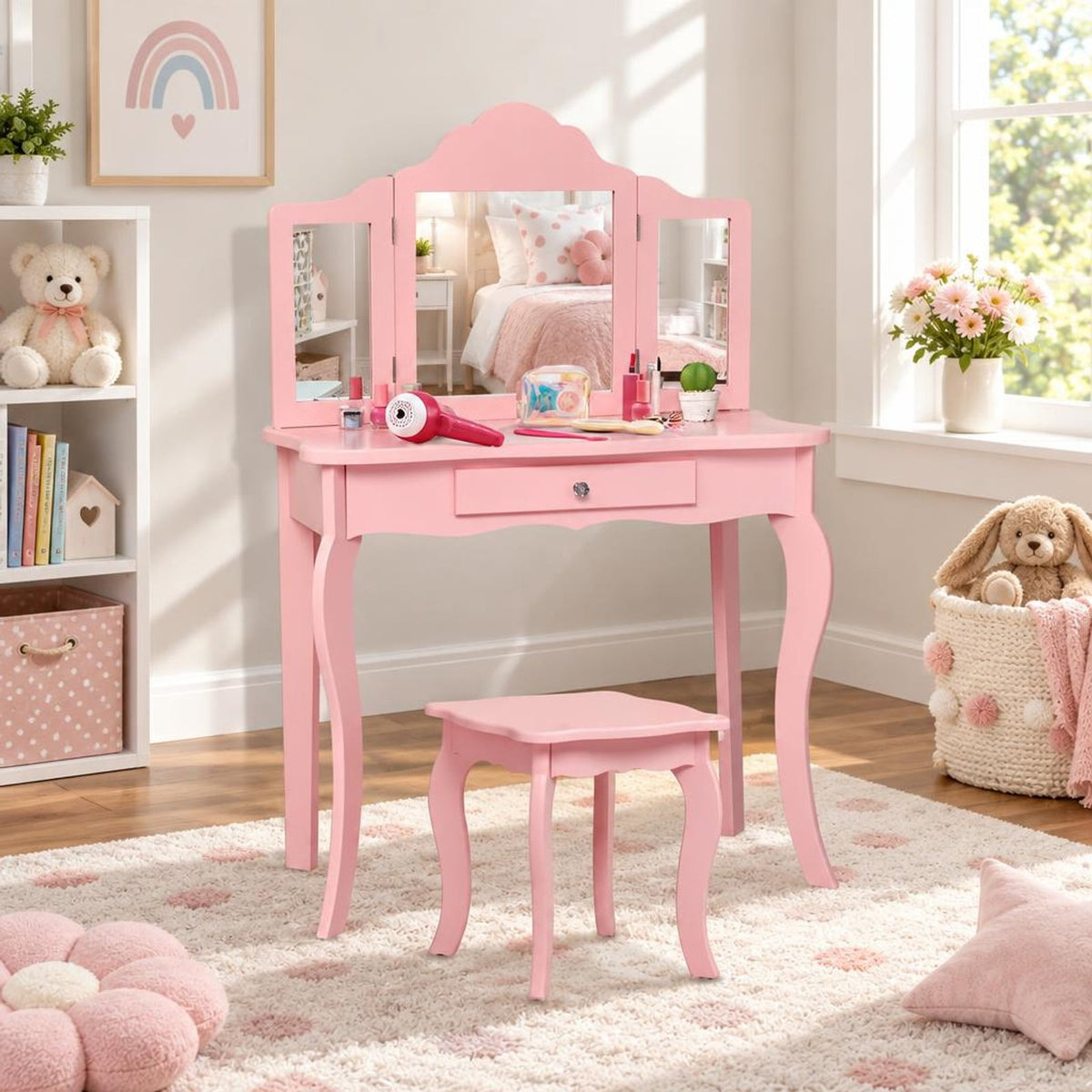 Airfind Kids Makeup Dressing Mirror Vanity Table Stool Set, 33 lbs Capacity, MDF Frame, 27.5 x 13.5 x 41 Footprint, Pink