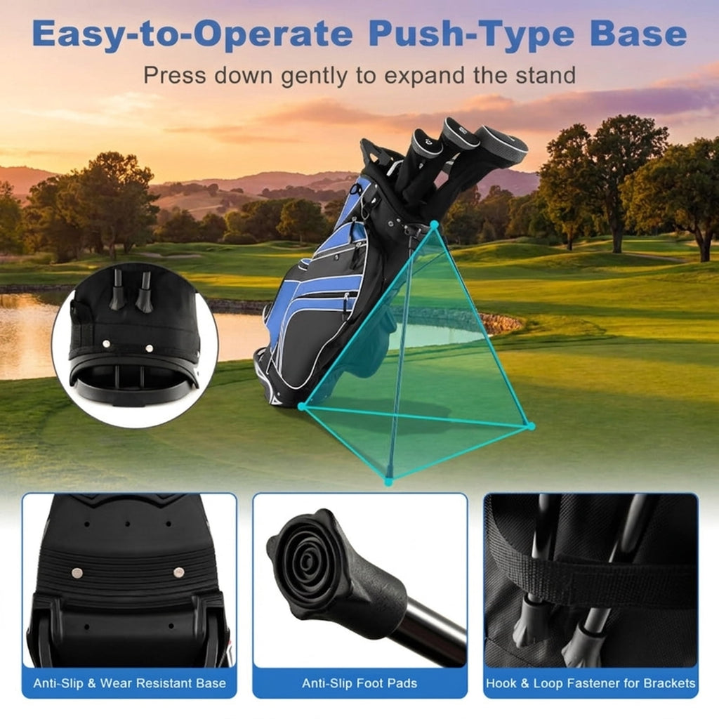 Airfind 10.5 in Golf Stand Bag with 14-Way Dividers and 7 Zippered Pockets featuring a rain hood with towel rings and dual carry straps for walking rounds, Navy