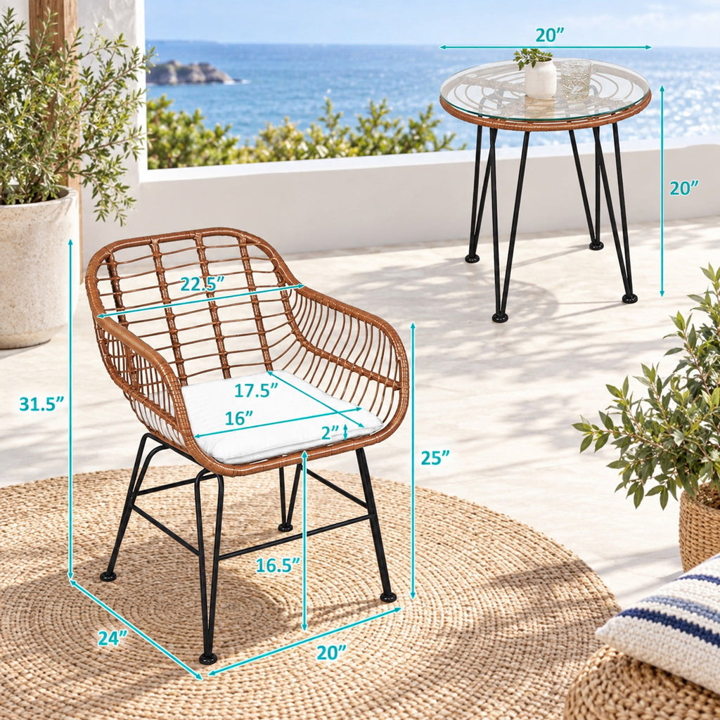 Airfind 3 Pieces Patio Rattan Bistro Set with Cushion, 170 lbs Capacity, Steel Rattan Sponge Polyester Frame, 22.5 Inch x 24 Inch x 31.5 Inch Footprint