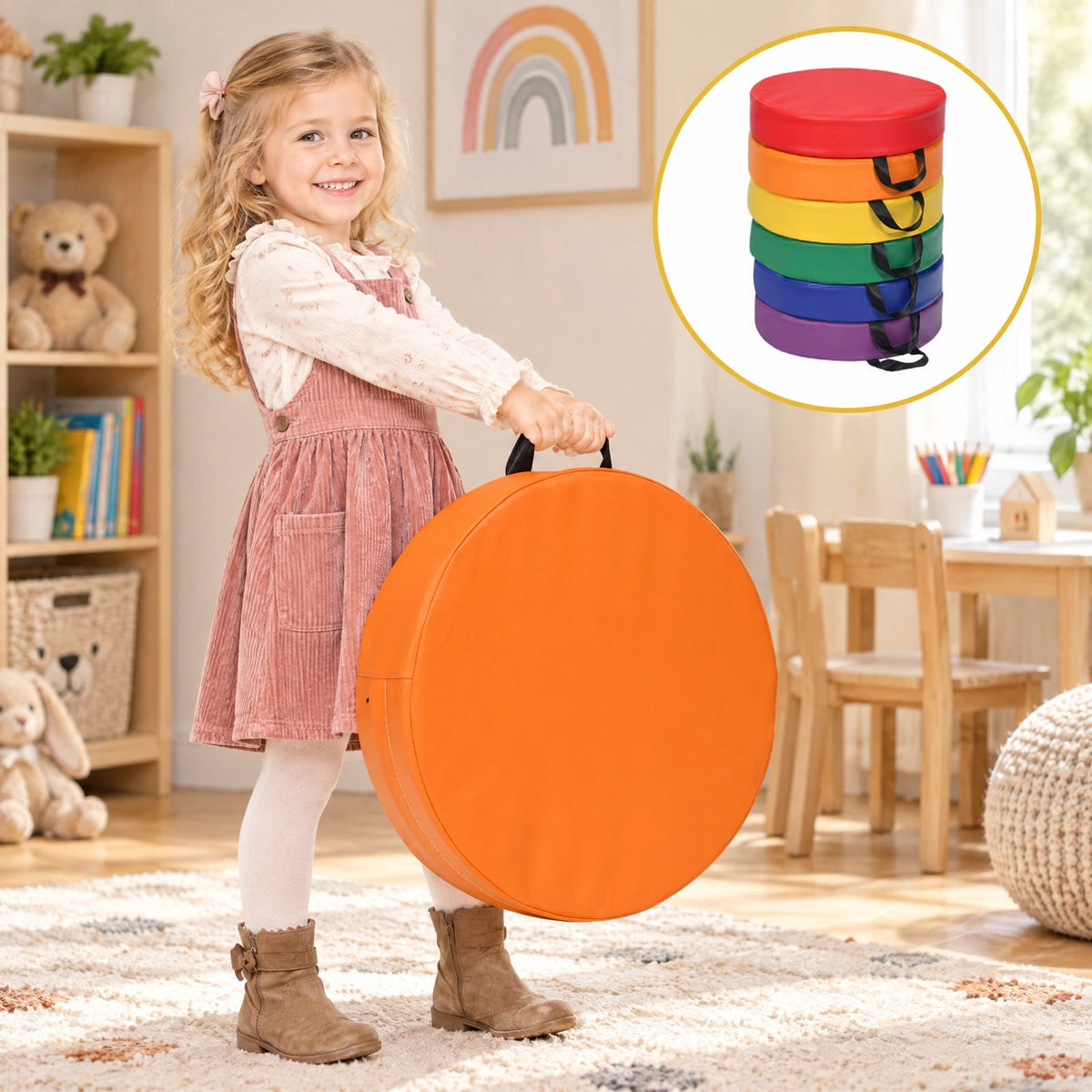 Airfind s 15 Inch Round, 6 Piece, Youth Floor Cushions for Youth, PU EPE Frame, for 9 Months and older with Functional Design, Multicolor