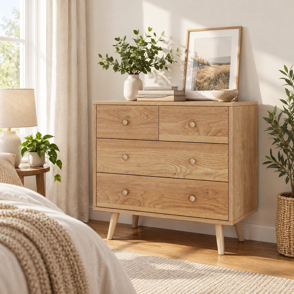 Airfind Wide Wooden Dresser with 4 Drawers for Bedroom Living Room, 110 Lbs Capacity, Engineered Wood Mdf, 31.5 Inch X 15.5 Inch X 30 Inch, Natural