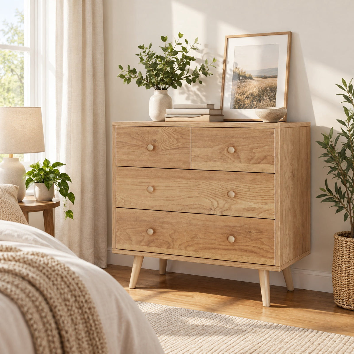 Airfind Wide Wooden Dresser with 4 Drawers for Bedroom Living Room, 110 Lbs Capacity, Engineered Wood Mdf, 31.5 Inch X 15.5 Inch X 30 Inch, Natural