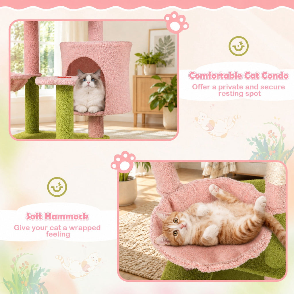 Airfind 58 Inch Tall Multi-Level Cat Tree Aesthetic Floral Kitten Tower, Teddy Plush Fabric Sisal Engineered Board Frame, Pink
