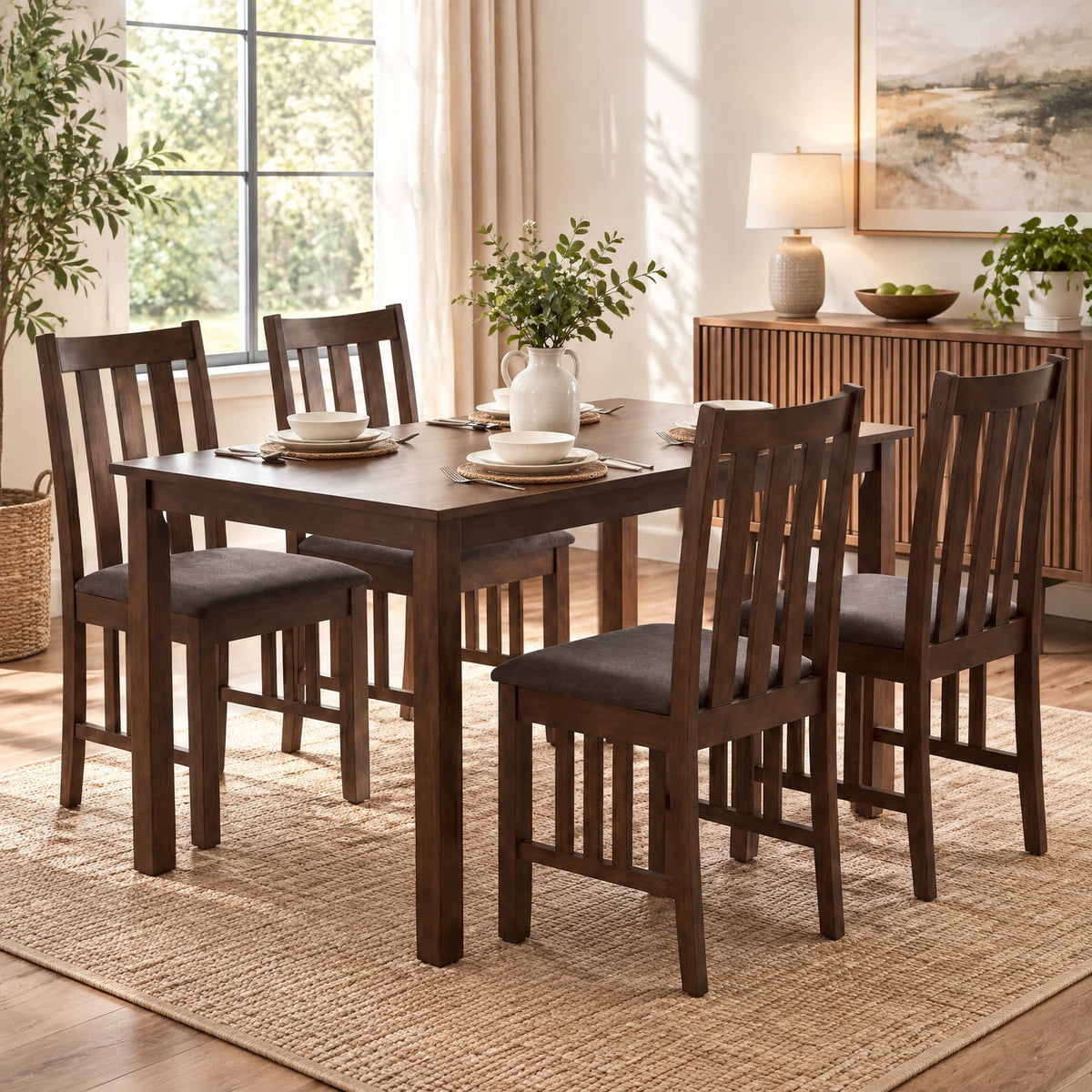 Airfind Dining Chairs, Rubber Wood, Side Chairs Set of 4 with Slat Back, 330 lbs Capacity, Rubber Wood Linen Fabric Sponge Frame, Brown