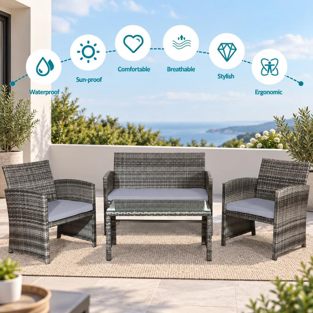Airfind 4 Pieces Patio Rattan Furniture Set with Glass Table and Loveseat, PE Rattan Polyester Fiber Steel Sponge Single Sofa Frame, Gray