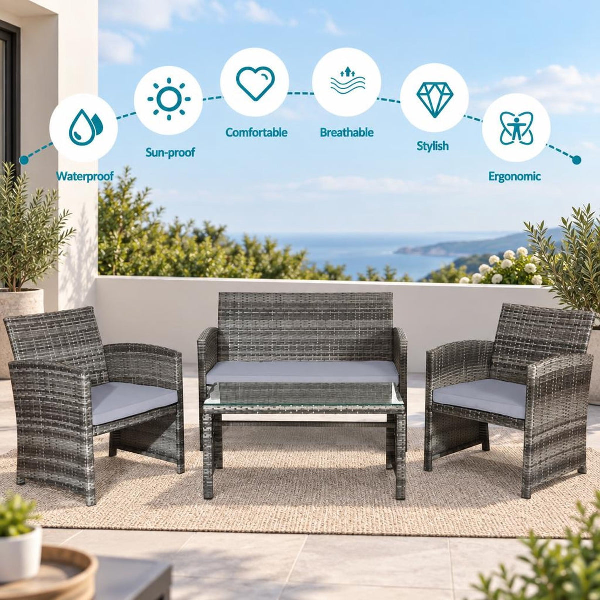 Airfind 4 Pieces Patio Rattan Furniture Set with Glass Table and Loveseat, PE Rattan Polyester Fiber Steel Sponge Single Sofa Frame, Gray