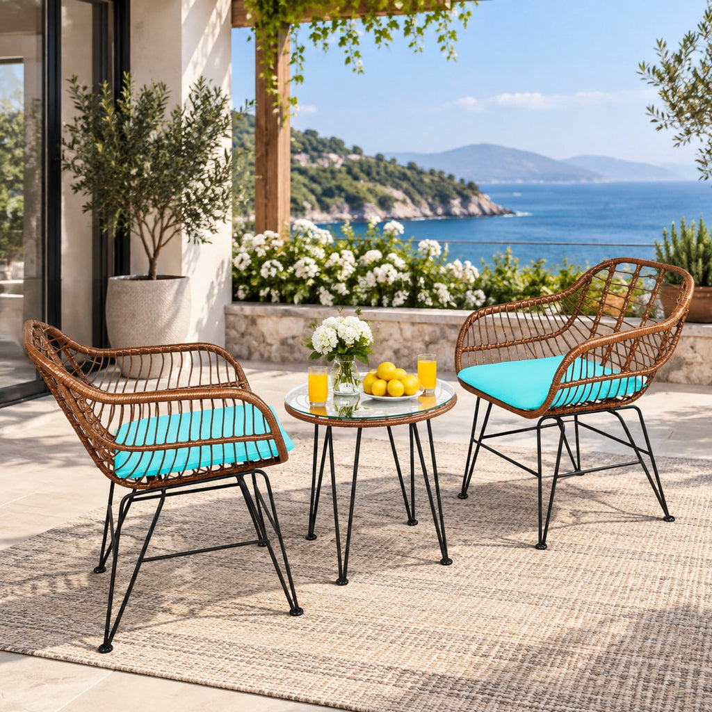 Airfind 3 Pieces Patio Rattan Bistro Set with Cushion, 170 lbs Capacity, Steel Rattan Sponge Polyester Frame, 22.5 Inch x 24 Inch x 31.5 Inch Footprint